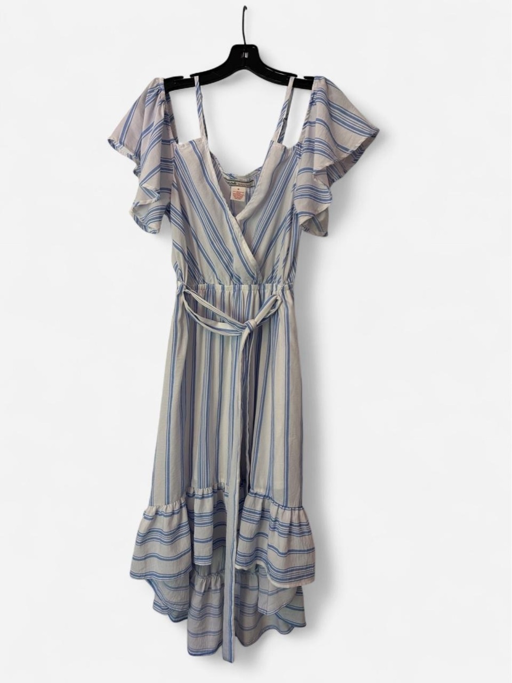 Striped Blue and White Midi Dress with Ruffled Sleeves and Hem